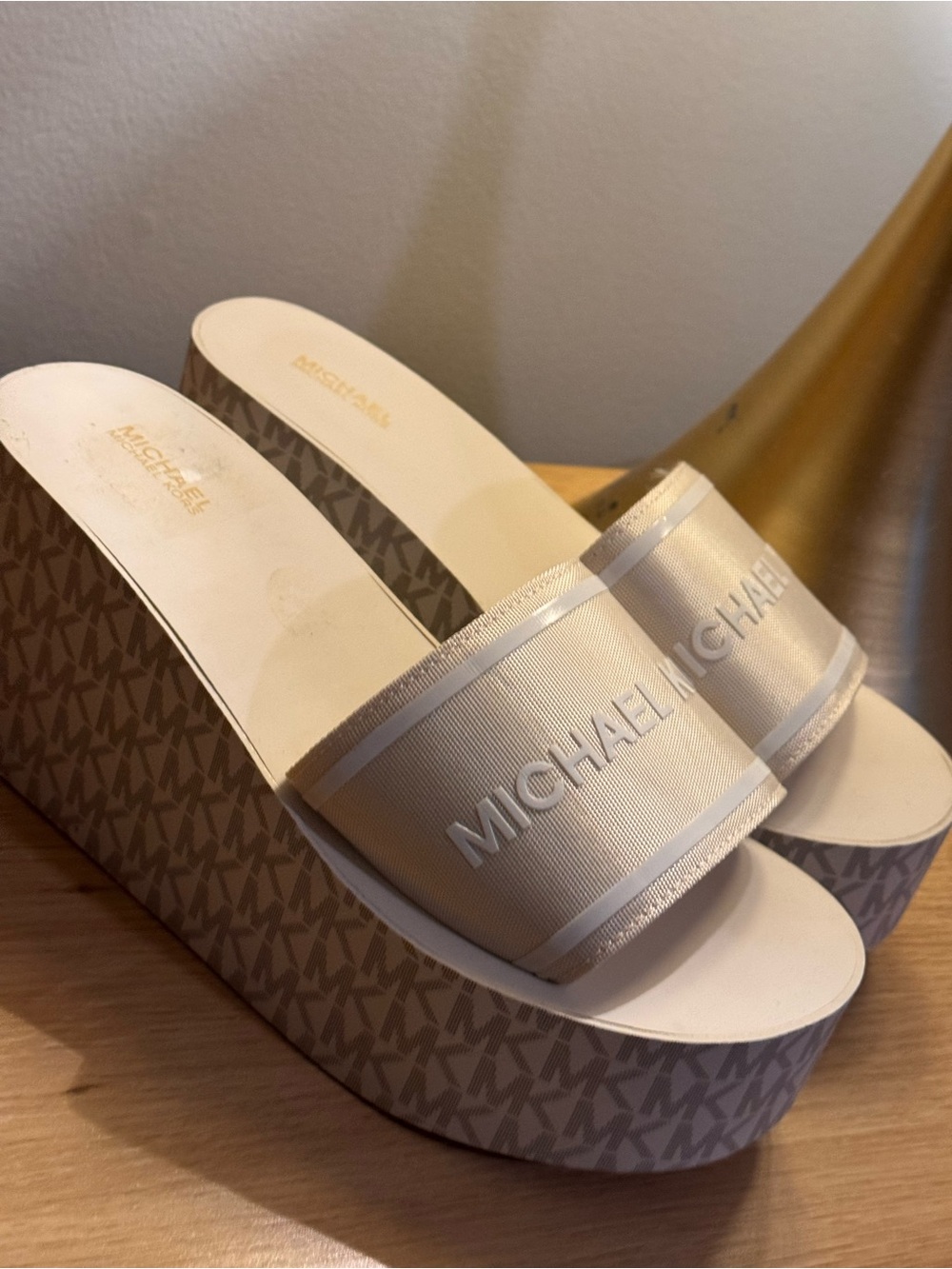 Michael Kors Cream and Khaki Logo Platform Slides